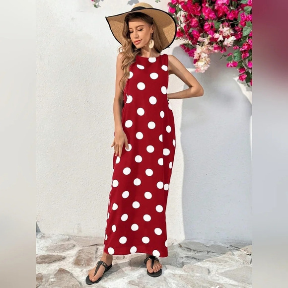 Women's Summer Sleeveless Dot Print Dress Long O Neck Maxi With Big Pockets Casu - Picture 1 of 6